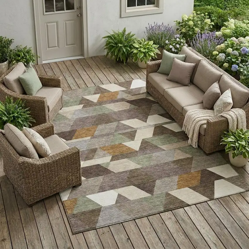 Chocolate And Beige Geometric Washable Indoor Outdoor Area Rug Photo 1