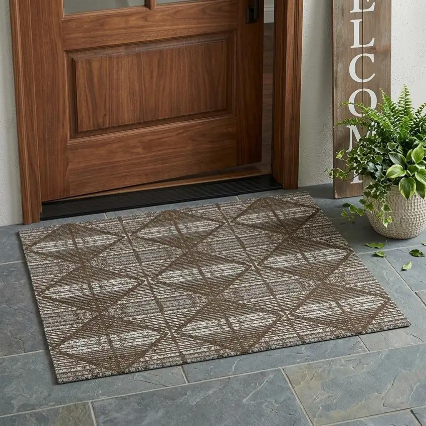 Chocolate And Beige Geometric Washable Indoor Outdoor Area Rug Photo 1
