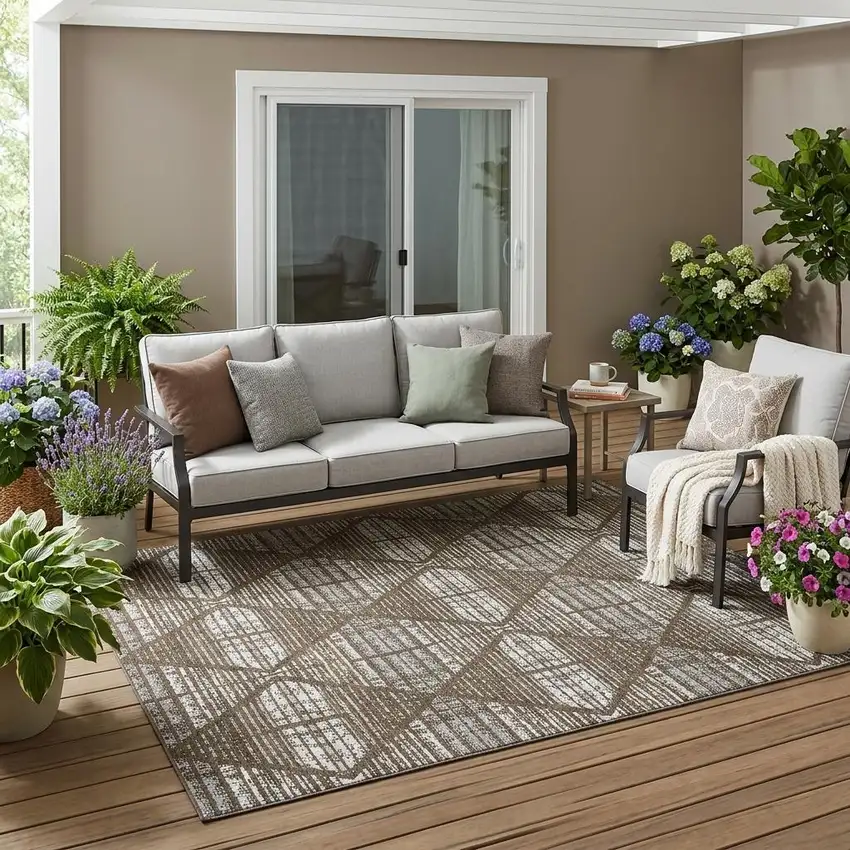 Chocolate And Beige Geometric Washable Indoor Outdoor Area Rug Photo 1