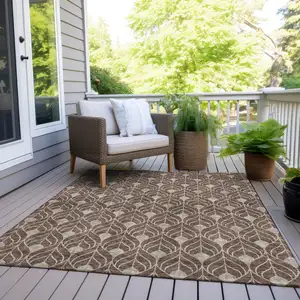 Photo of Chocolate And Beige Geometric Washable Indoor Outdoor Area Rug