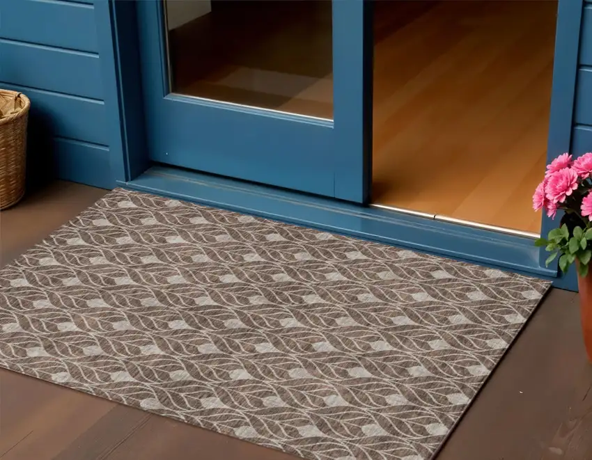 Chocolate And Beige Geometric Washable Indoor Outdoor Area Rug Photo 1