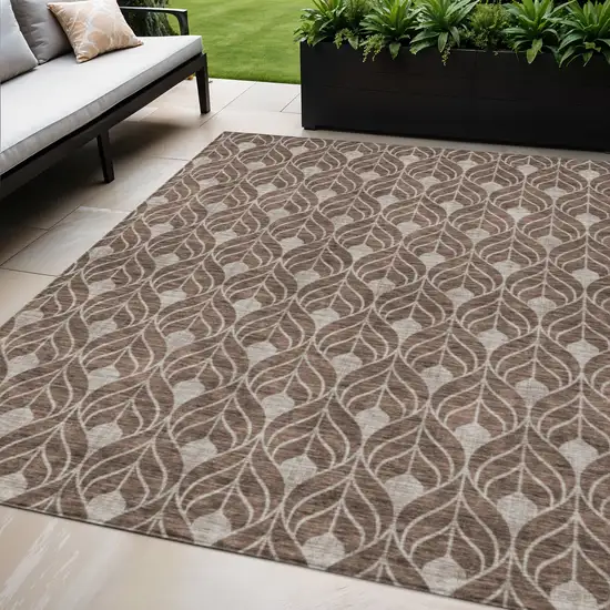 Chocolate And Beige Geometric Washable Indoor Outdoor Area Rug Photo 1