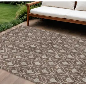 Photo of Chocolate And Beige Geometric Washable Indoor Outdoor Area Rug