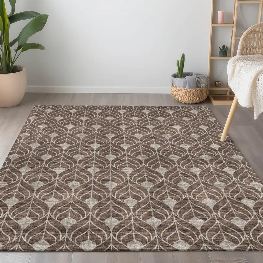 Chocolate And Beige Geometric Washable Indoor Outdoor Area Rug Photo 9