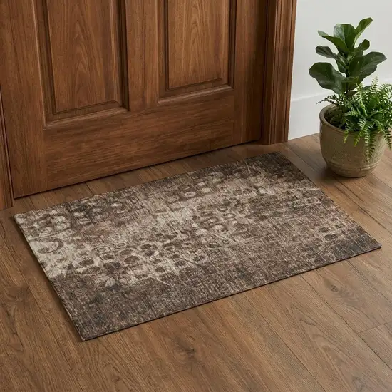 Chocolate And Beige Ikat Washable Area Rug With UV Protection Photo 1