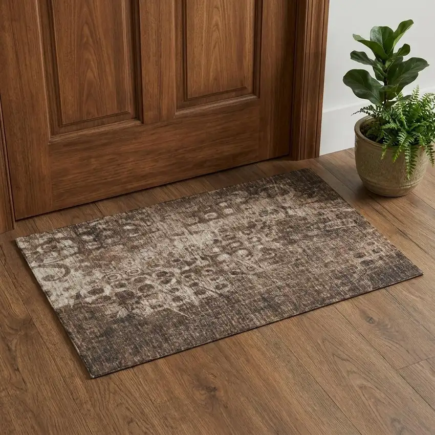 Chocolate And Beige Ikat Washable Area Rug With UV Protection Photo 1