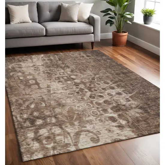 Chocolate And Beige Ikat Washable Area Rug With UV Protection Photo 2