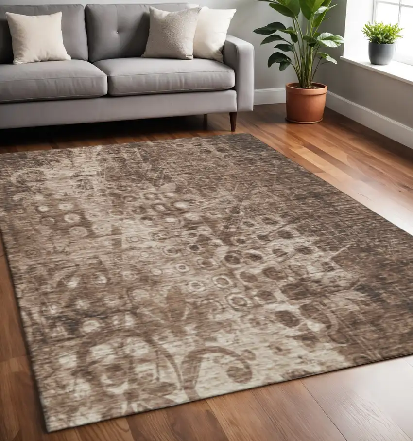 Chocolate And Beige Ikat Washable Area Rug With UV Protection Photo 2