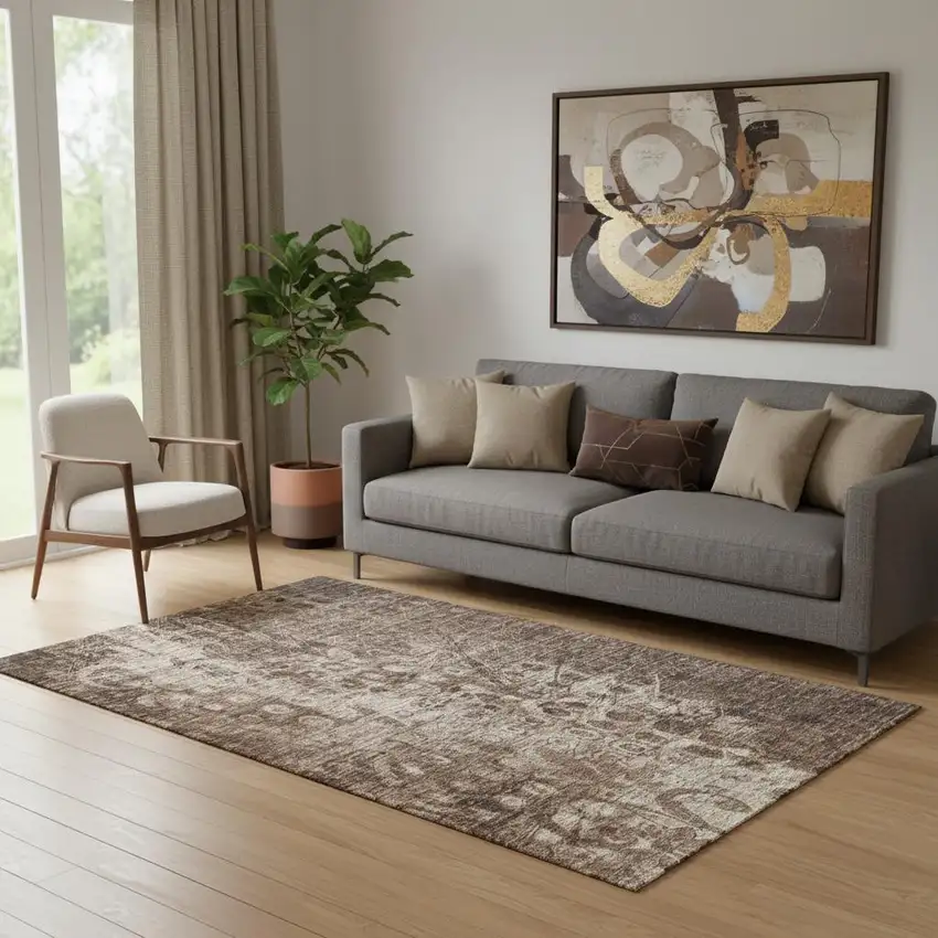 Chocolate And Beige Ikat Washable Area Rug With UV Protection Photo 1