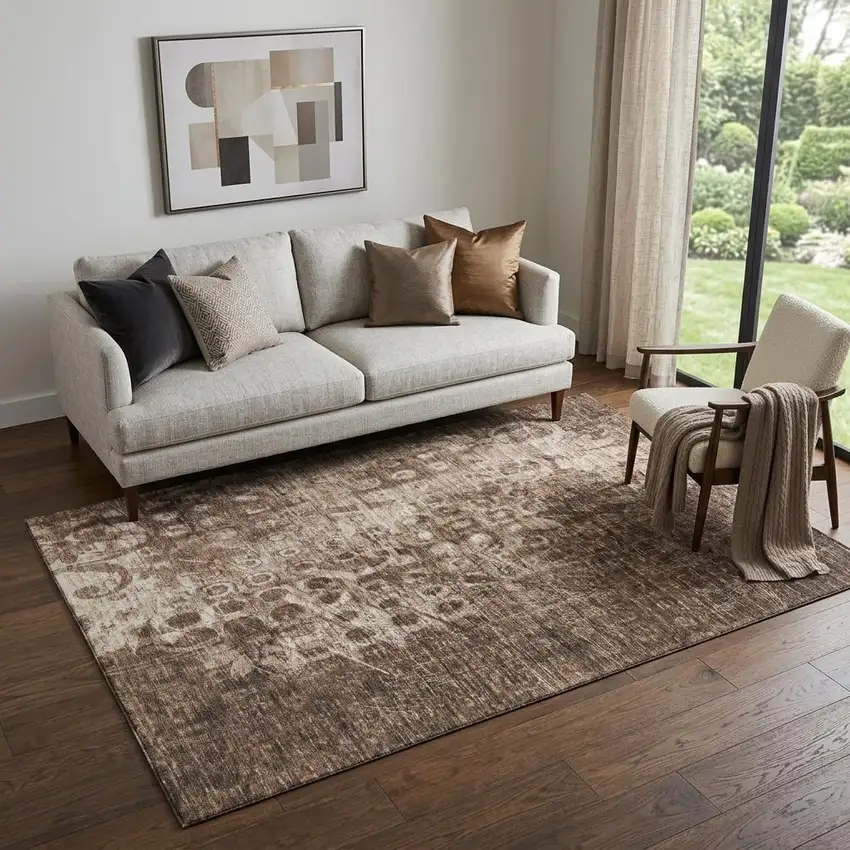 Chocolate And Beige Ikat Washable Area Rug With UV Protection Photo 1