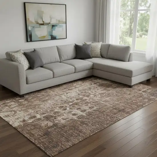 Chocolate And Beige Ikat Washable Area Rug With UV Protection Photo 1