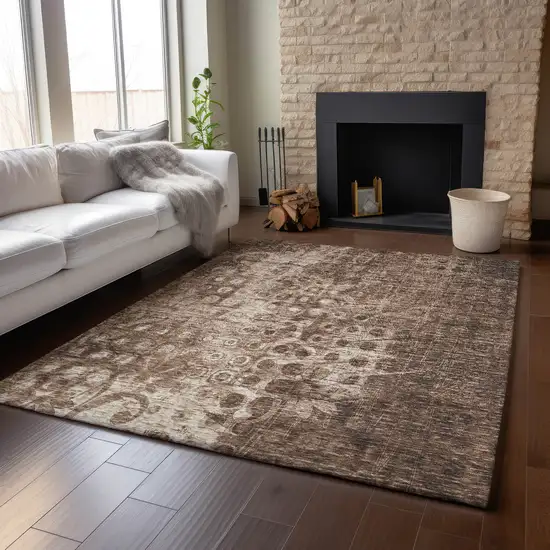 Chocolate And Beige Ikat Washable Area Rug With UV Protection Photo 5