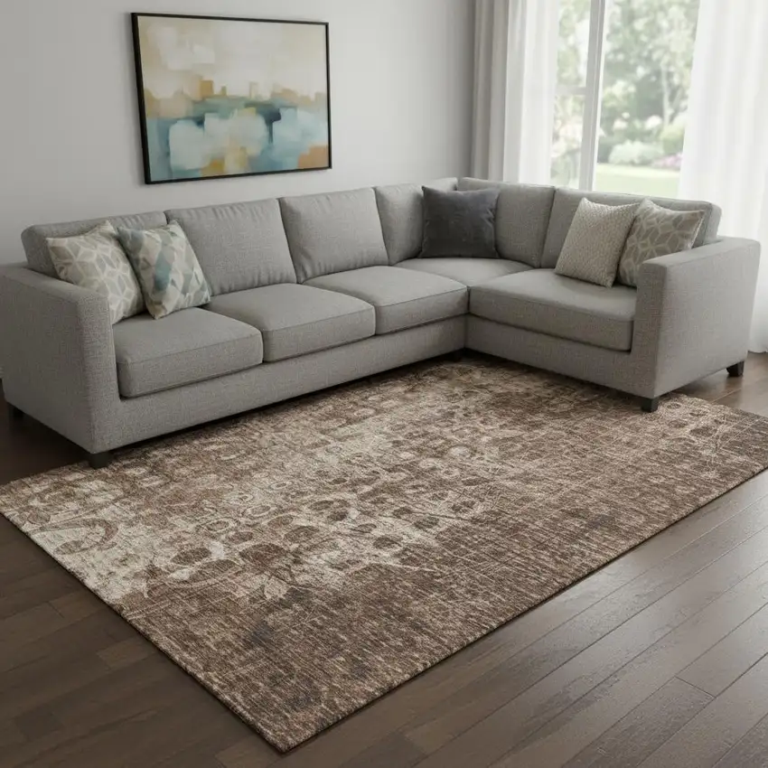 Chocolate And Beige Ikat Washable Area Rug With UV Protection Photo 1