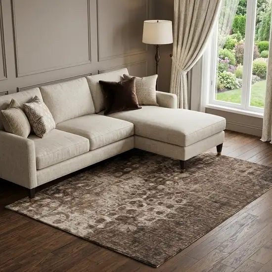 Chocolate And Beige Ikat Washable Area Rug With UV Protection Photo 1