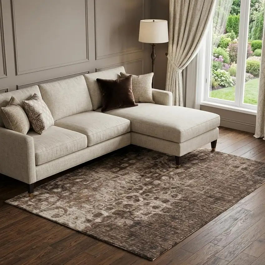 Chocolate And Beige Ikat Washable Area Rug With UV Protection Photo 1