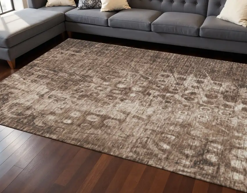 Chocolate And Beige Ikat Washable Area Rug With UV Protection Photo 2