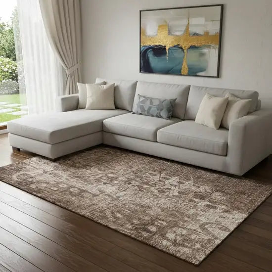 Chocolate And Beige Ikat Washable Area Rug With UV Protection Photo 1