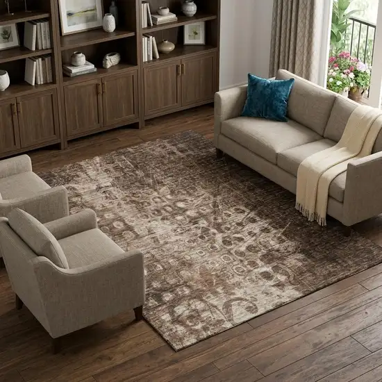Chocolate And Beige Ikat Washable Area Rug With UV Protection Photo 1