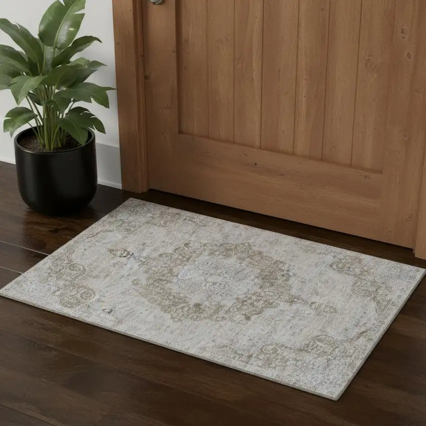 Chocolate And Beige Oriental Washable Area Rug With UV Protection Photo 1