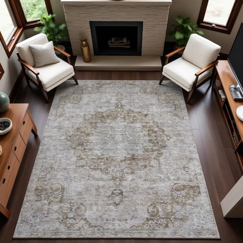 Chocolate And Beige Oriental Washable Area Rug With UV Protection Photo 5