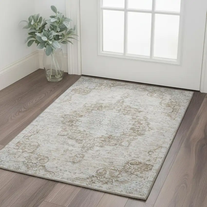 Chocolate And Beige Oriental Washable Area Rug With UV Protection Photo 2