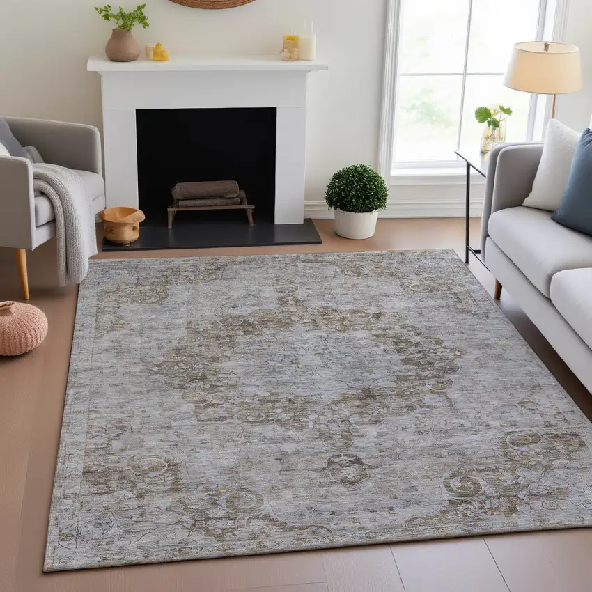 Chocolate And Beige Oriental Washable Area Rug With UV Protection Photo 4