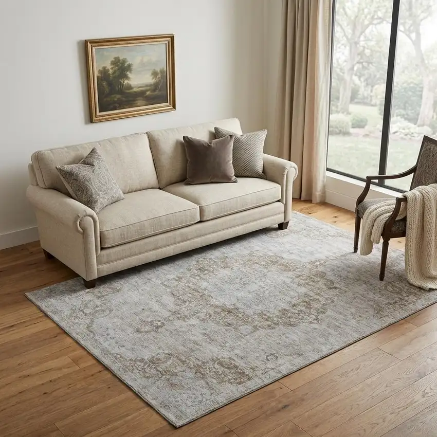 Chocolate And Beige Oriental Washable Area Rug With UV Protection Photo 1