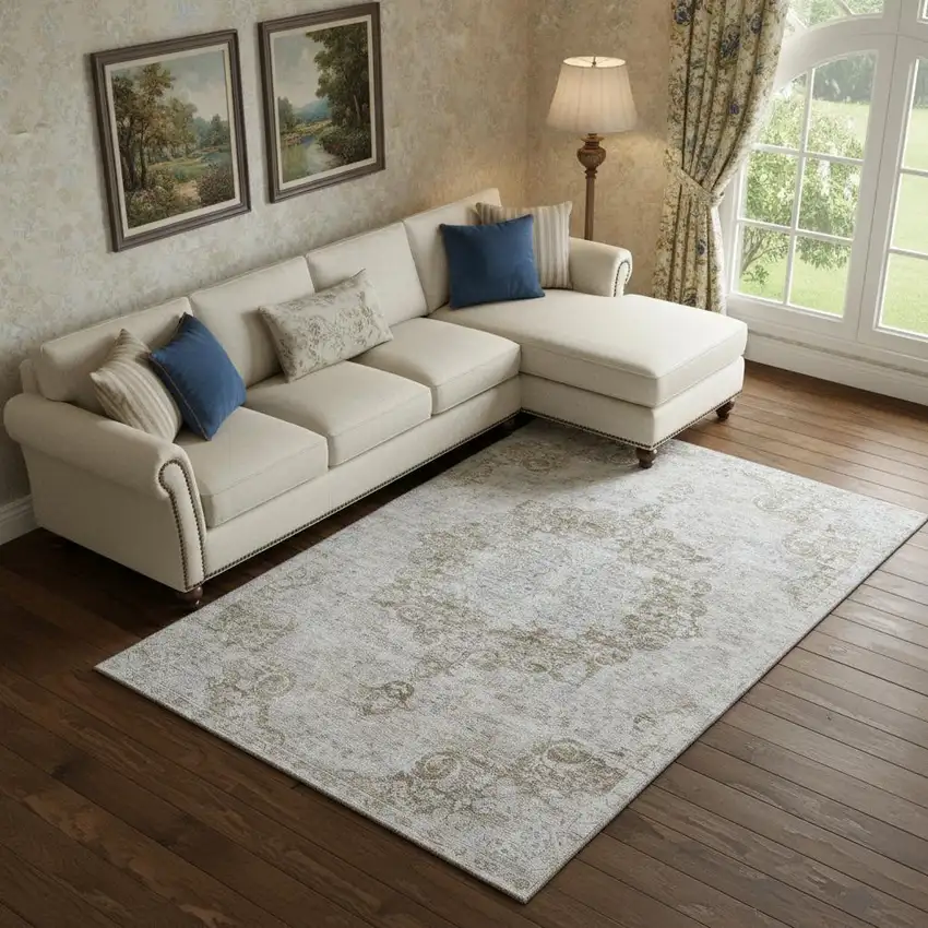 Chocolate And Beige Oriental Washable Area Rug With UV Protection Photo 1