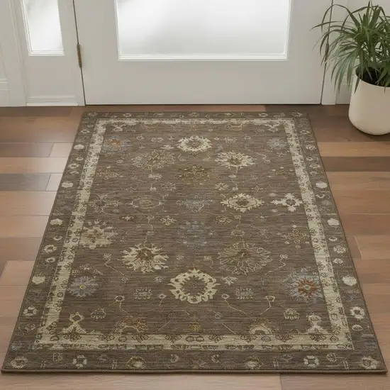 Chocolate And Beige Oriental Washable Area Rug With UV Protection Photo 2