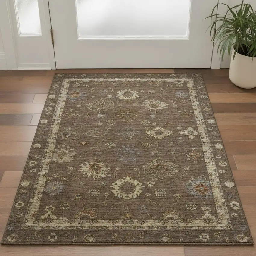Chocolate And Beige Oriental Washable Area Rug With UV Protection Photo 2