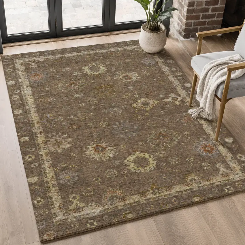 Chocolate And Beige Oriental Washable Area Rug With UV Protection Photo 4
