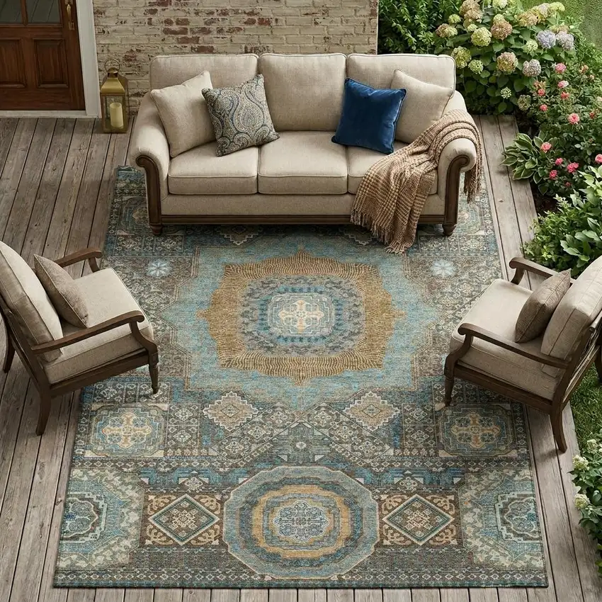 Chocolate And Beige Oriental Washable Indoor Outdoor Area Rug Photo 1