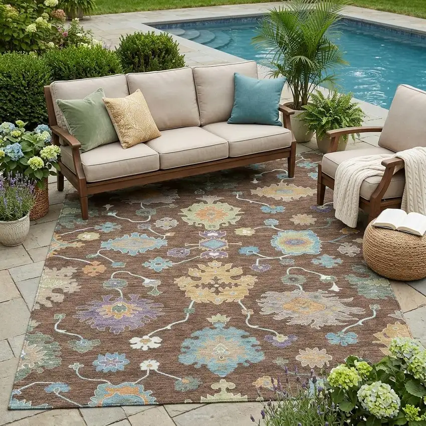 Chocolate And Beige Oriental Washable Indoor Outdoor Area Rug Photo 1