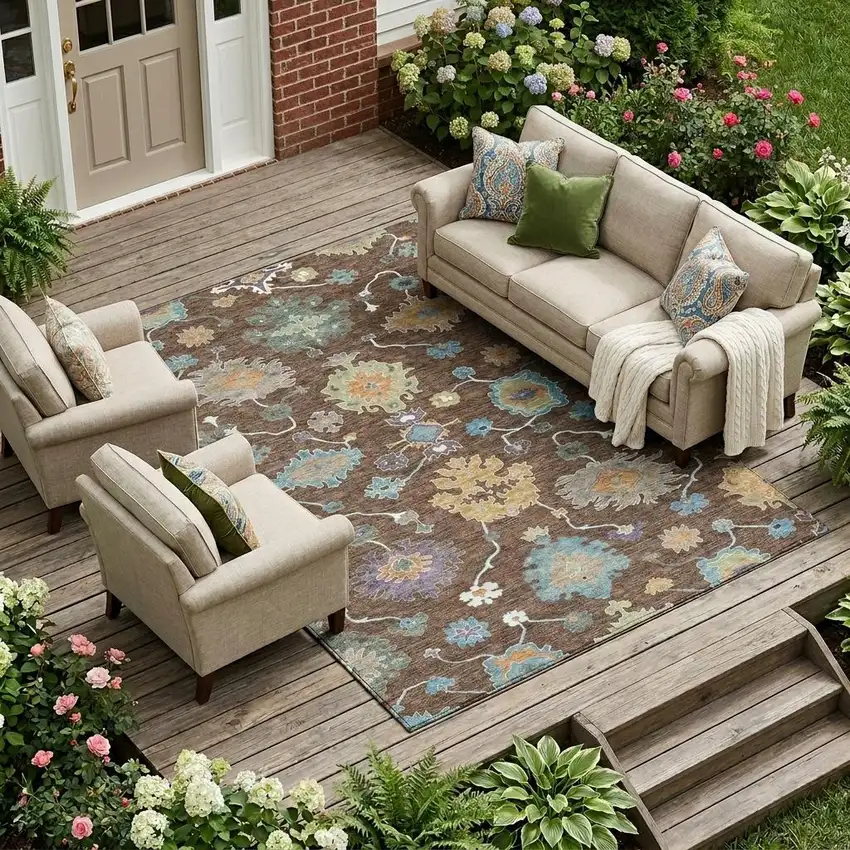 Chocolate And Beige Oriental Washable Indoor Outdoor Area Rug Photo 1