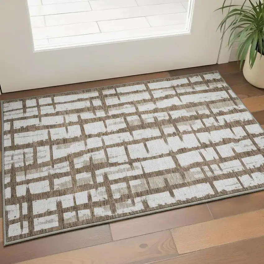 Chocolate And Beige Striped Washable Area Rug With UV Protection Photo 2