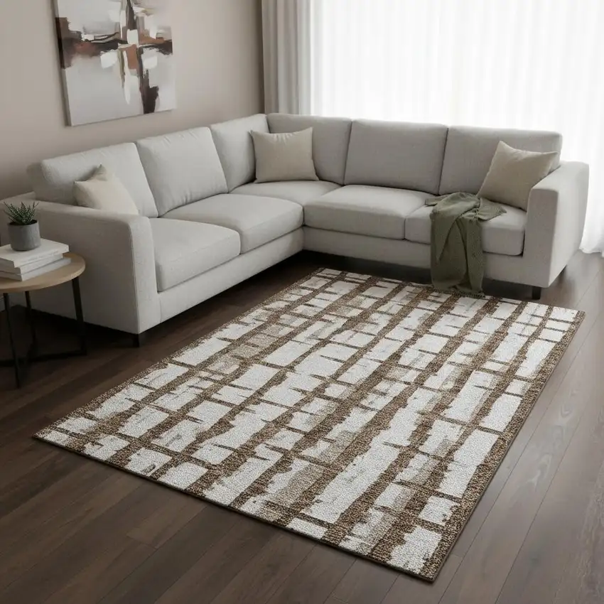 Chocolate And Beige Striped Washable Area Rug With UV Protection Photo 2