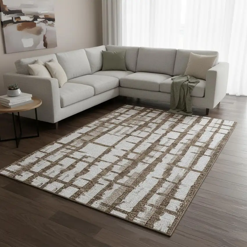 Chocolate And Beige Striped Washable Area Rug With UV Protection Photo 2