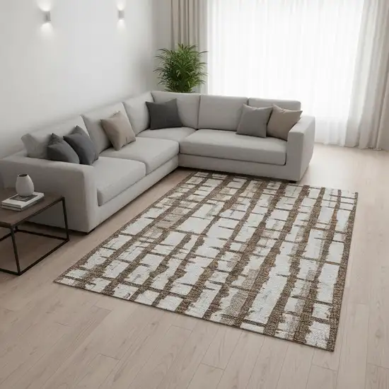 Chocolate And Beige Striped Washable Area Rug With UV Protection Photo 2