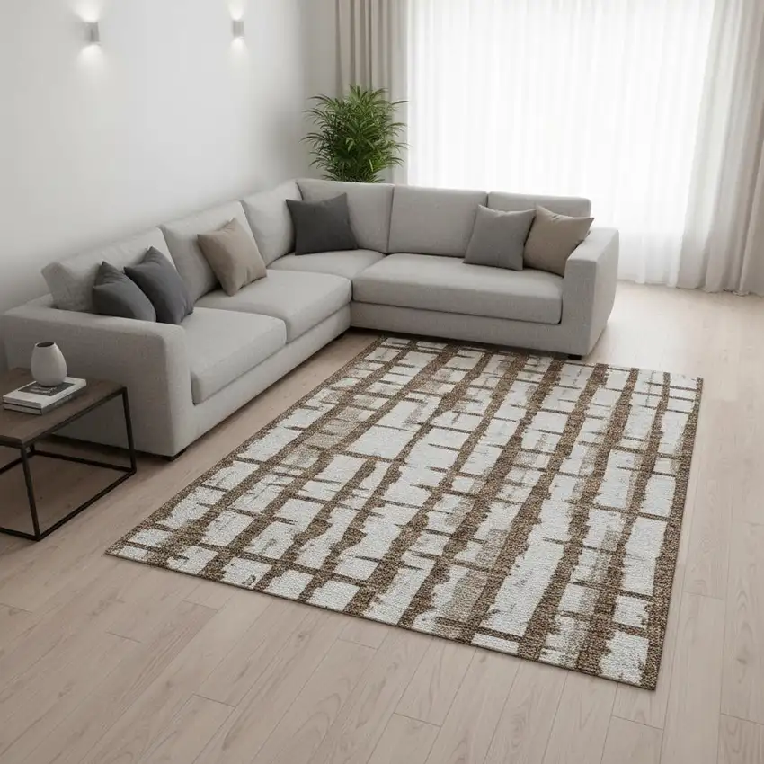 Chocolate And Beige Striped Washable Area Rug With UV Protection Photo 2