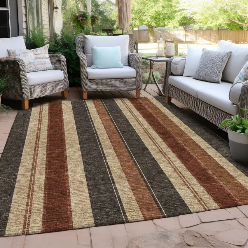 Chocolate And Beige Striped Washable Indoor Outdoor Area Rug Photo 6