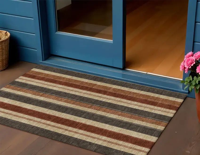 Chocolate And Beige Striped Washable Indoor Outdoor Area Rug Photo 2