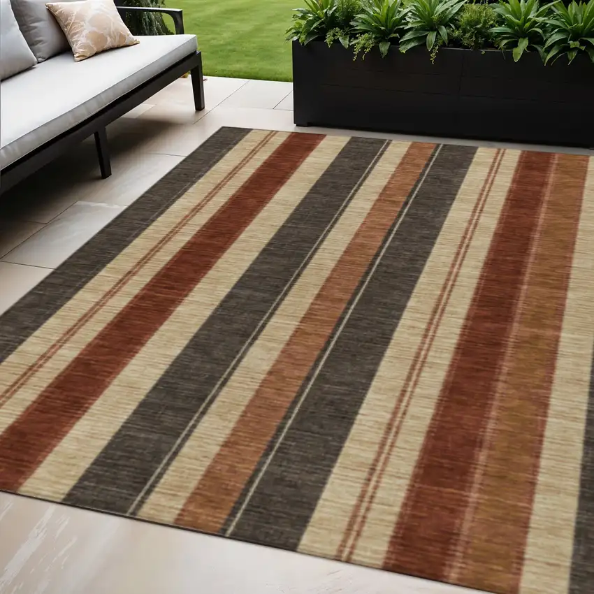 Chocolate And Beige Striped Washable Indoor Outdoor Area Rug Photo 2
