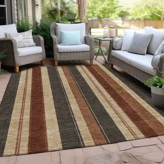 Chocolate And Beige Striped Washable Indoor Outdoor Area Rug Photo 6