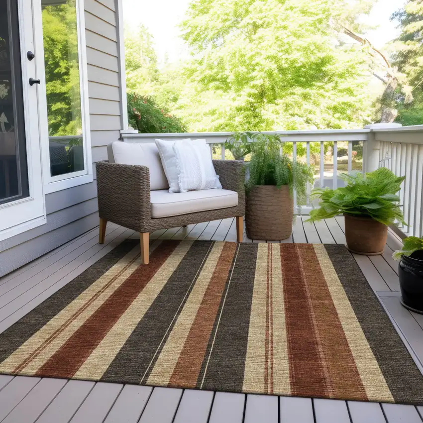 Chocolate And Beige Striped Washable Indoor Outdoor Area Rug Photo 9