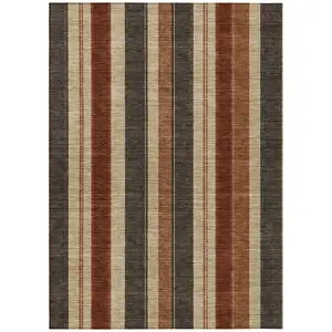 Photo of Chocolate And Beige Striped Washable Indoor Outdoor Area Rug