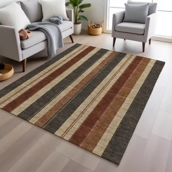 Chocolate And Beige Striped Washable Indoor Outdoor Area Rug Photo 7