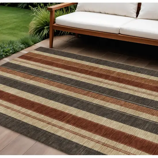 Chocolate And Beige Striped Washable Indoor Outdoor Area Rug Photo 2