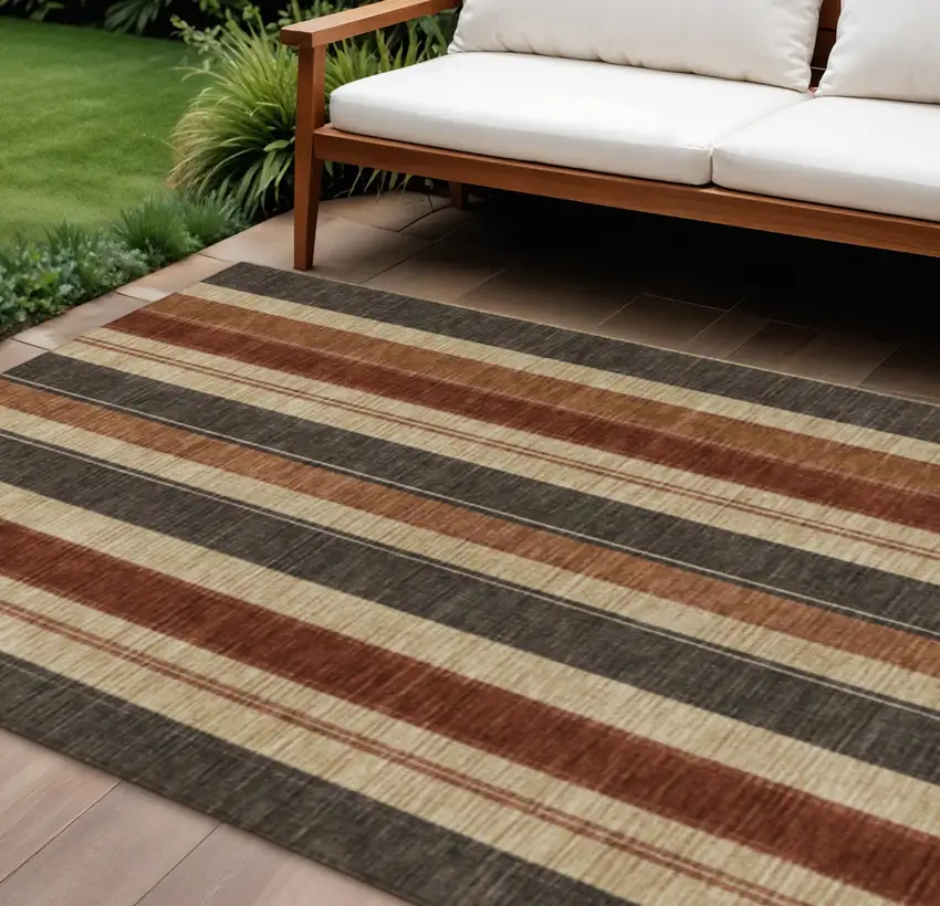 Chocolate And Beige Striped Washable Indoor Outdoor Area Rug Photo 2