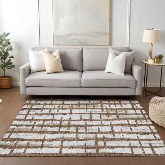 Chocolate And Beige Striped Washable Indoor Outdoor Area Rug Photo 9