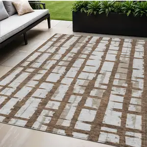 Photo of Chocolate And Beige Striped Washable Indoor Outdoor Area Rug